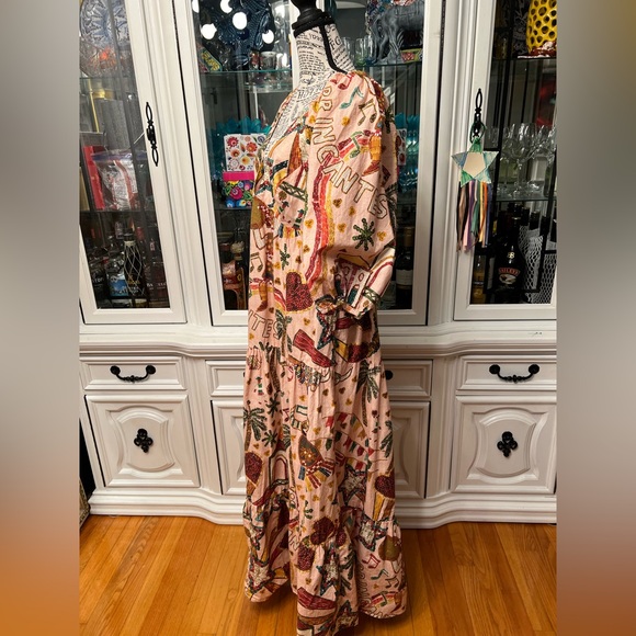 FARM Rio Pink Ruffled Tropical Print Tiered Maxi Dress Balloon Sleeves L - Picture 5 of 13